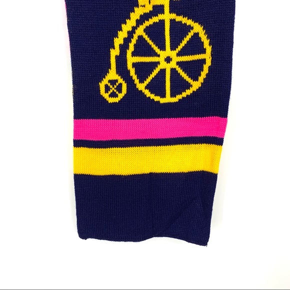 Rare Vintage High Wheel Bicycle Print Striped Spring Knit Scarf Navy Pink Yellow - Picture 5 of 10